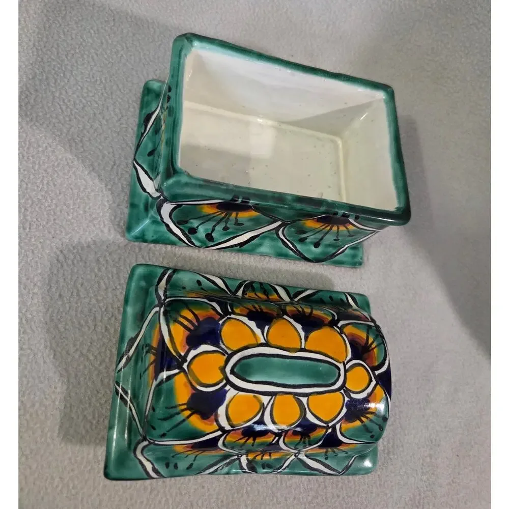 Mexico Pottery Trinket Box Hand Painted Green Yellow Treasure Chest Lidded